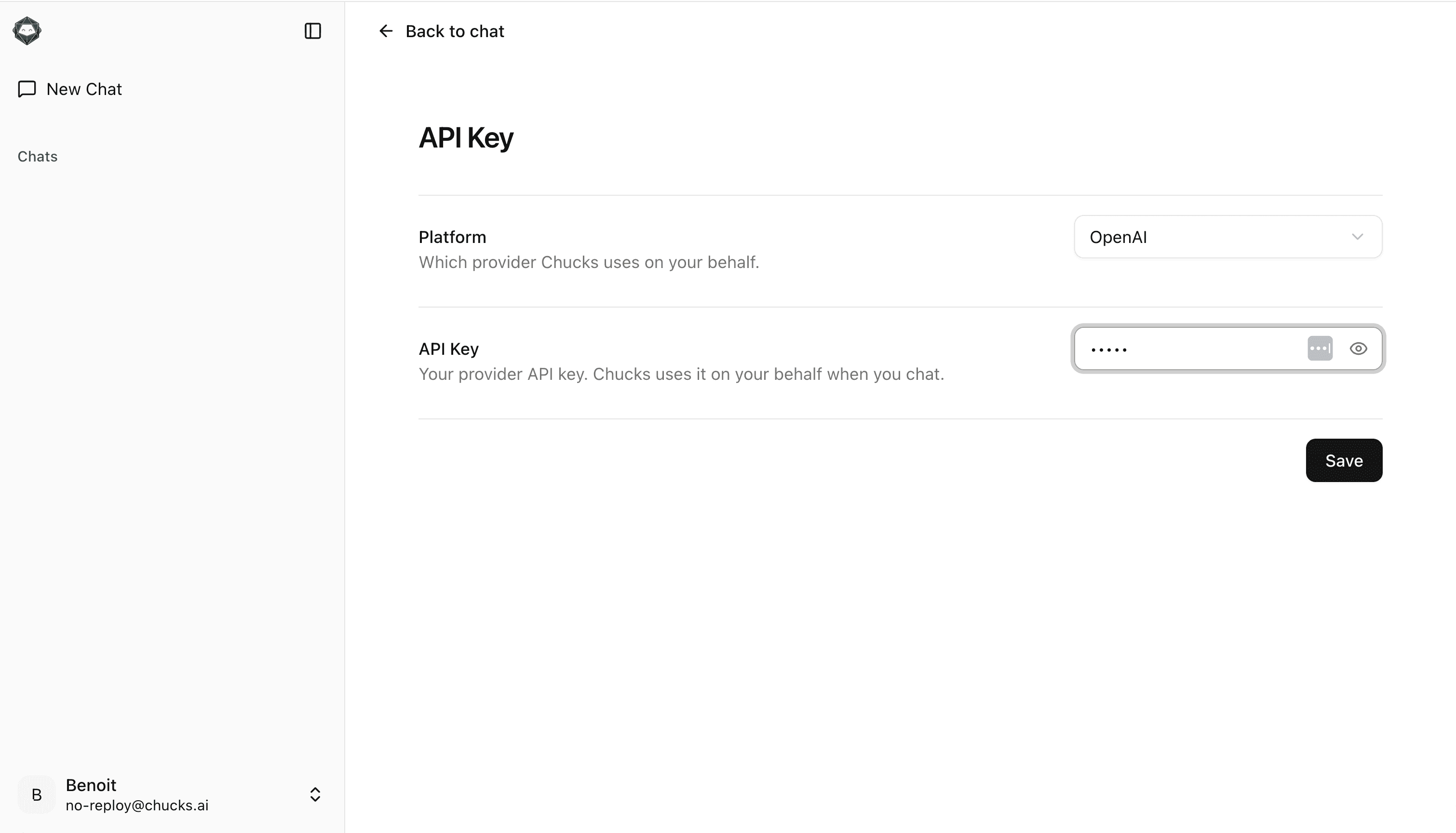 Chucks API Key page with a platform selector and a field for pasting the provider key