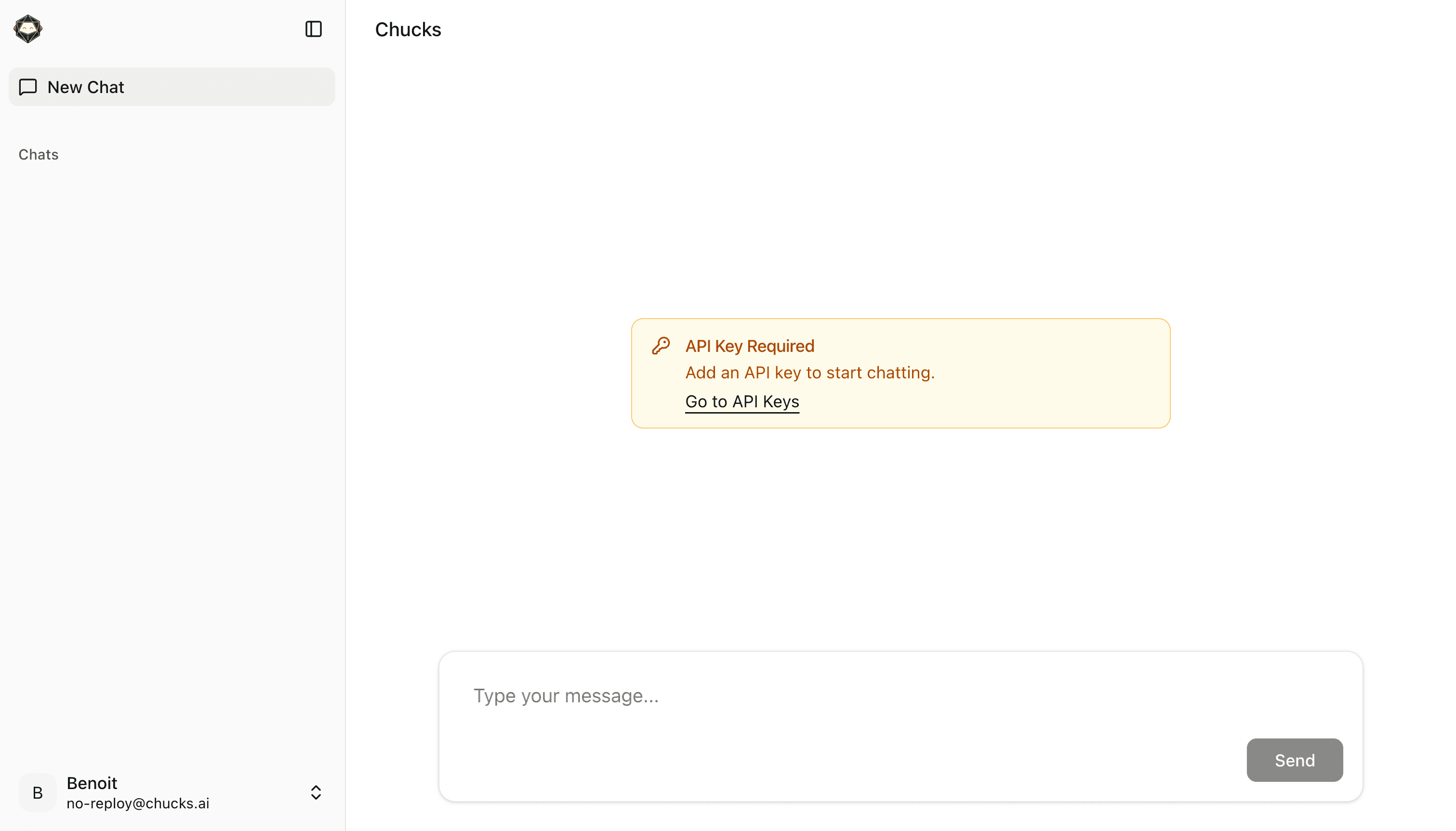 Chucks Chat showing the API Key Required card with a Go to API Keys link