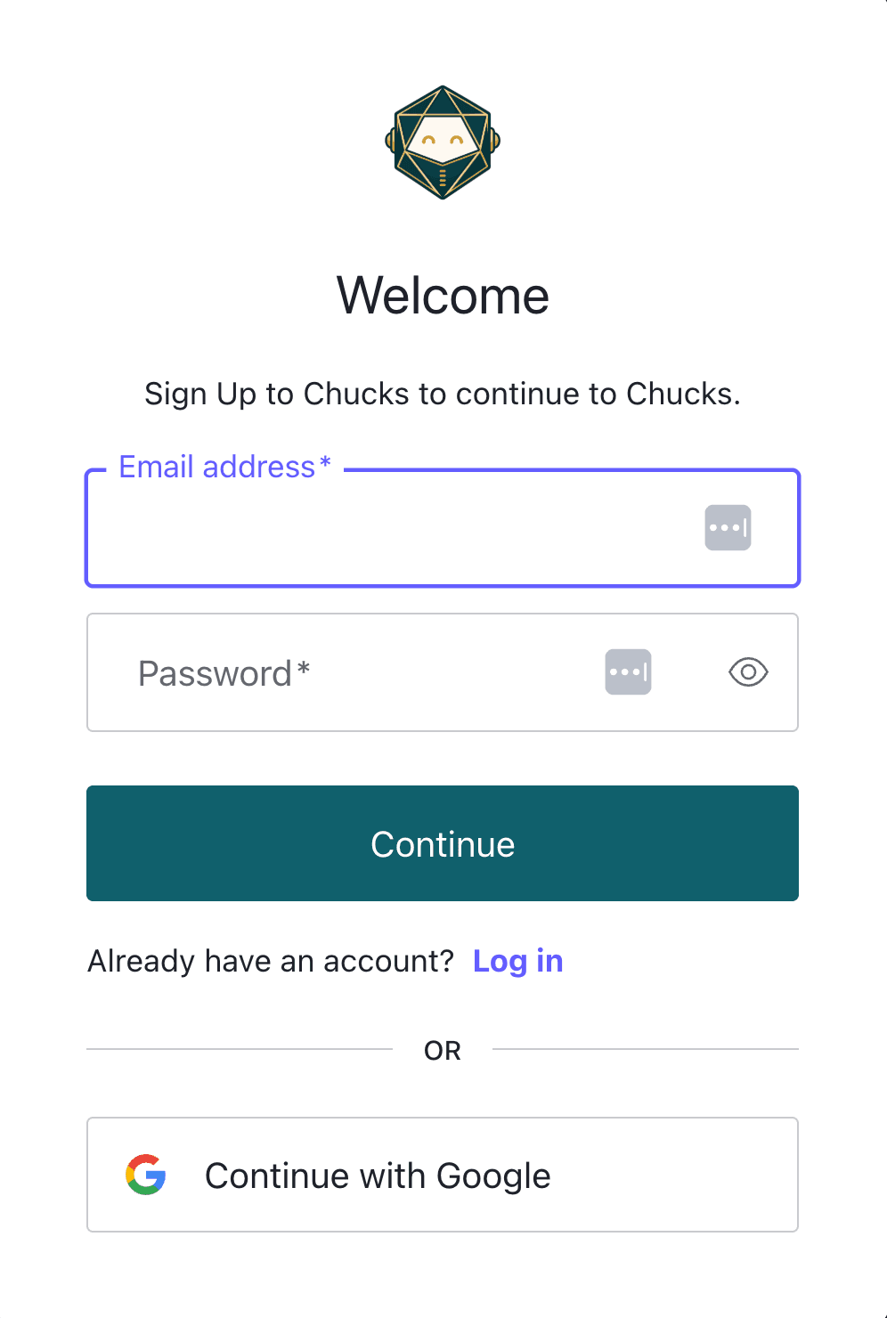 Chucks sign-up screen with email, password, and Continue with Google