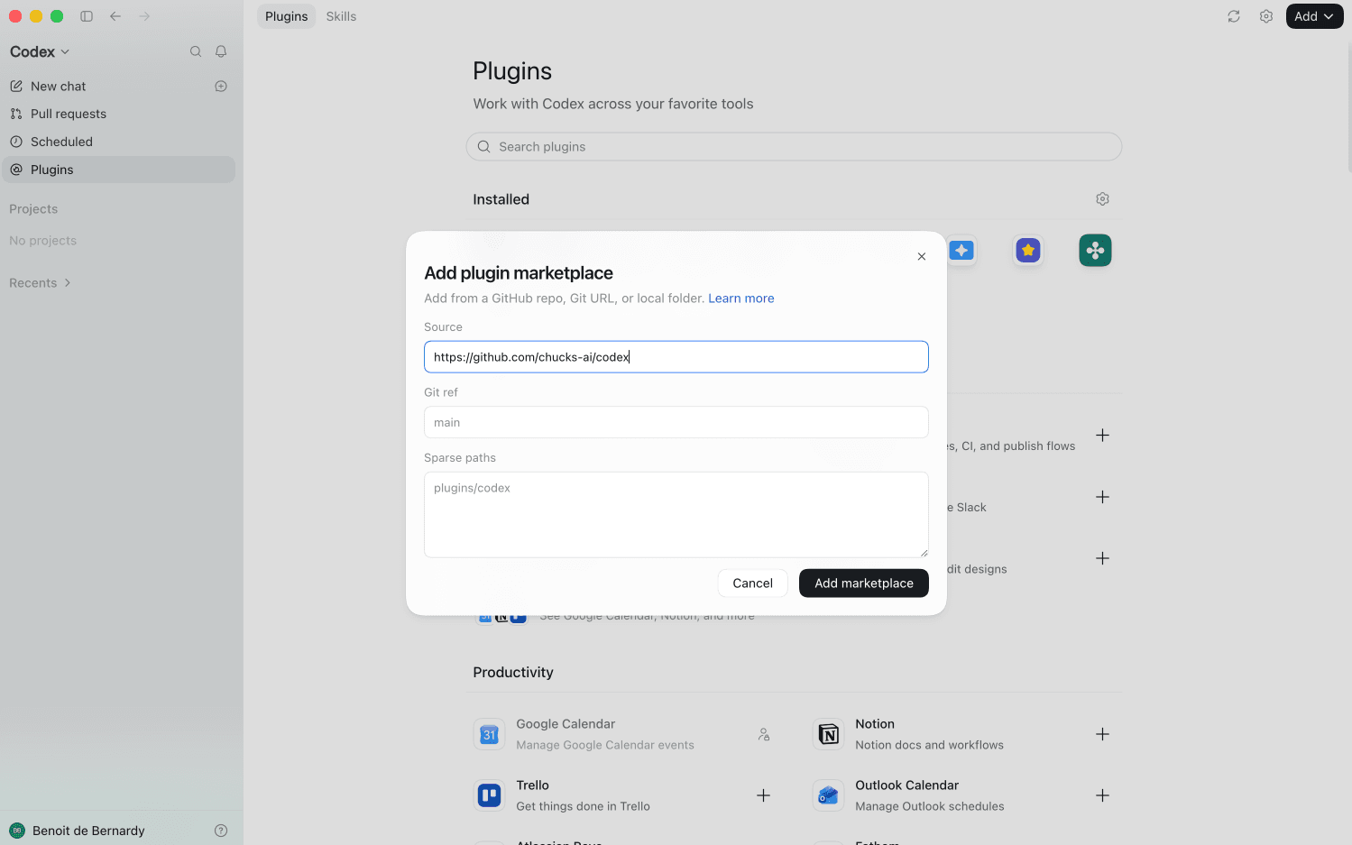 ChatGPT desktop Add plugin marketplace dialog with the Chucks repository URL entered
