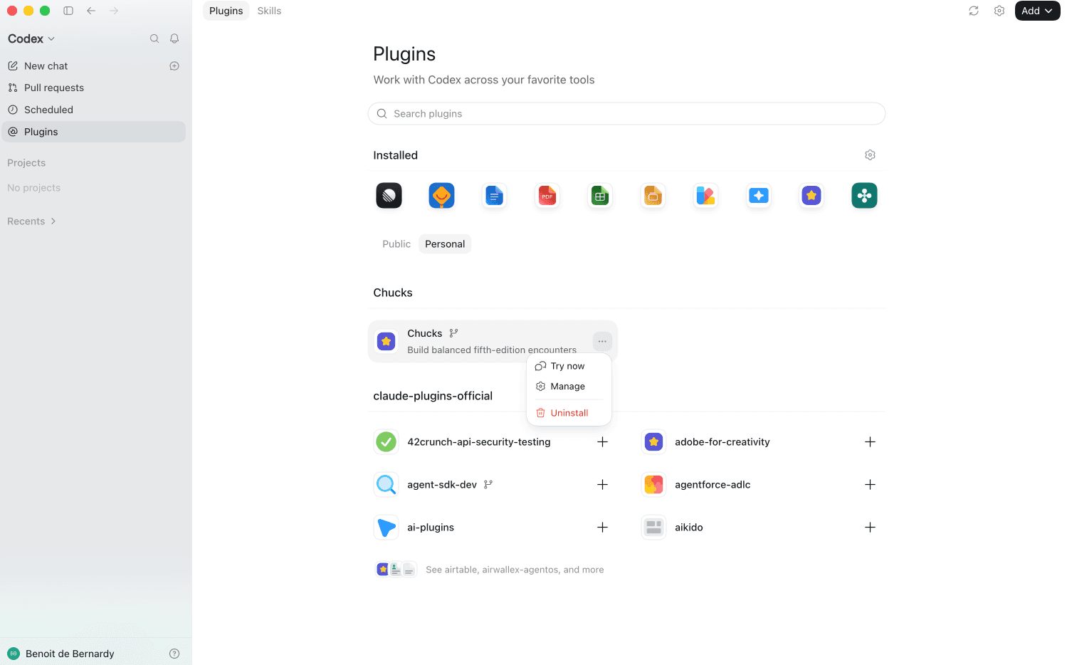 Chucks installed under the Personal tab in ChatGPT desktop