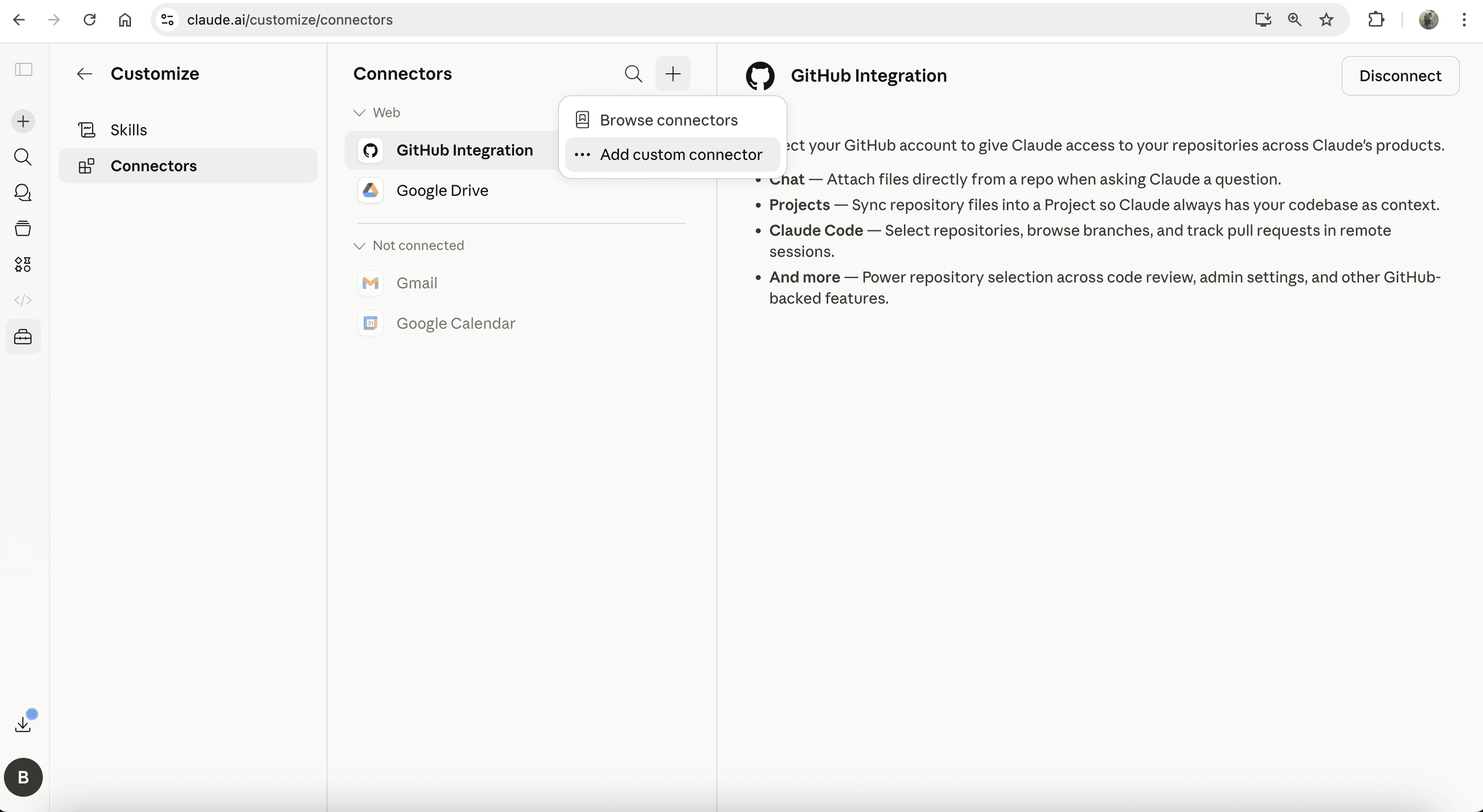 Claude.ai Connectors page with the Add custom connector menu open