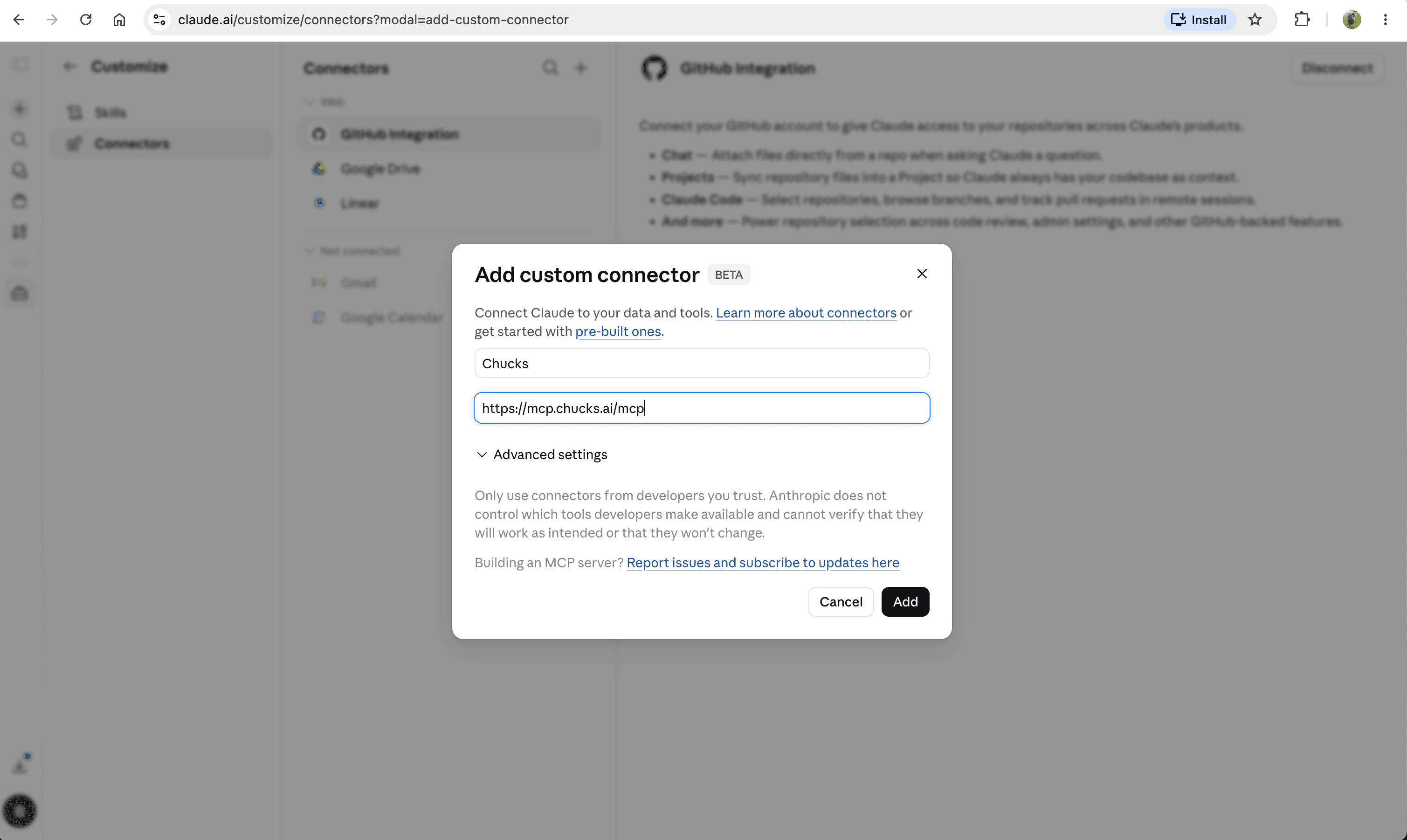 Add custom connector dialog with name Chucks and the connector URL filled in