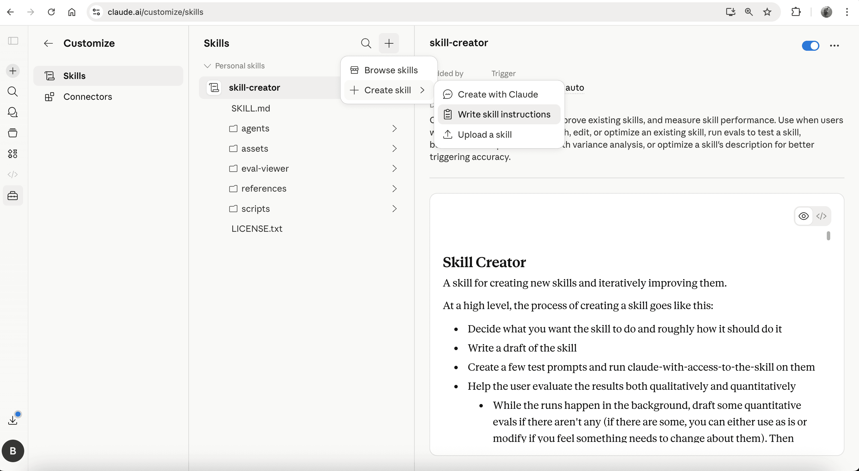 Claude.ai Skills page with the Write skill instructions menu open
