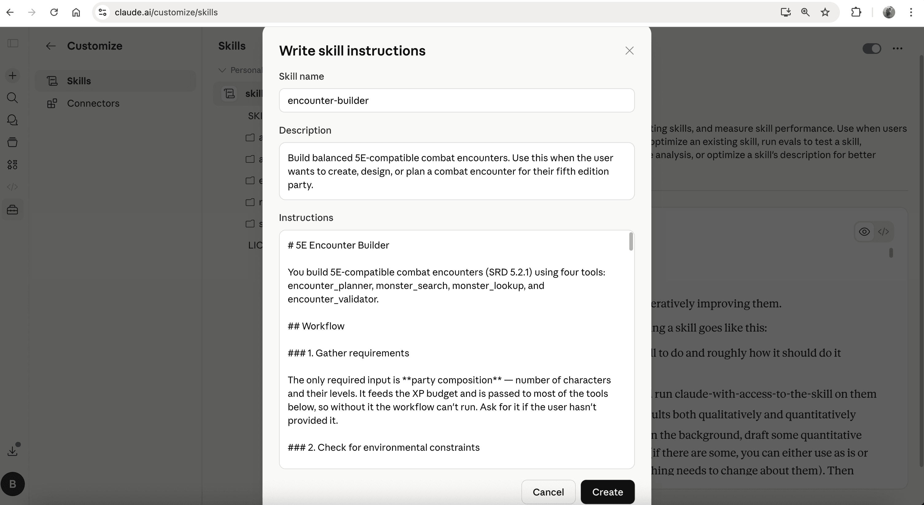Write skill instructions dialog with name encounter-builder and the skill body pasted
