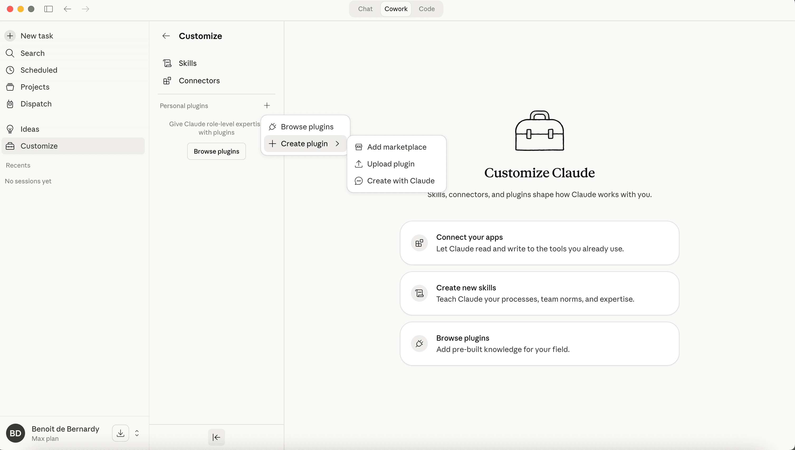 Cowork sidebar with the Create plugin menu open and Add marketplace highlighted