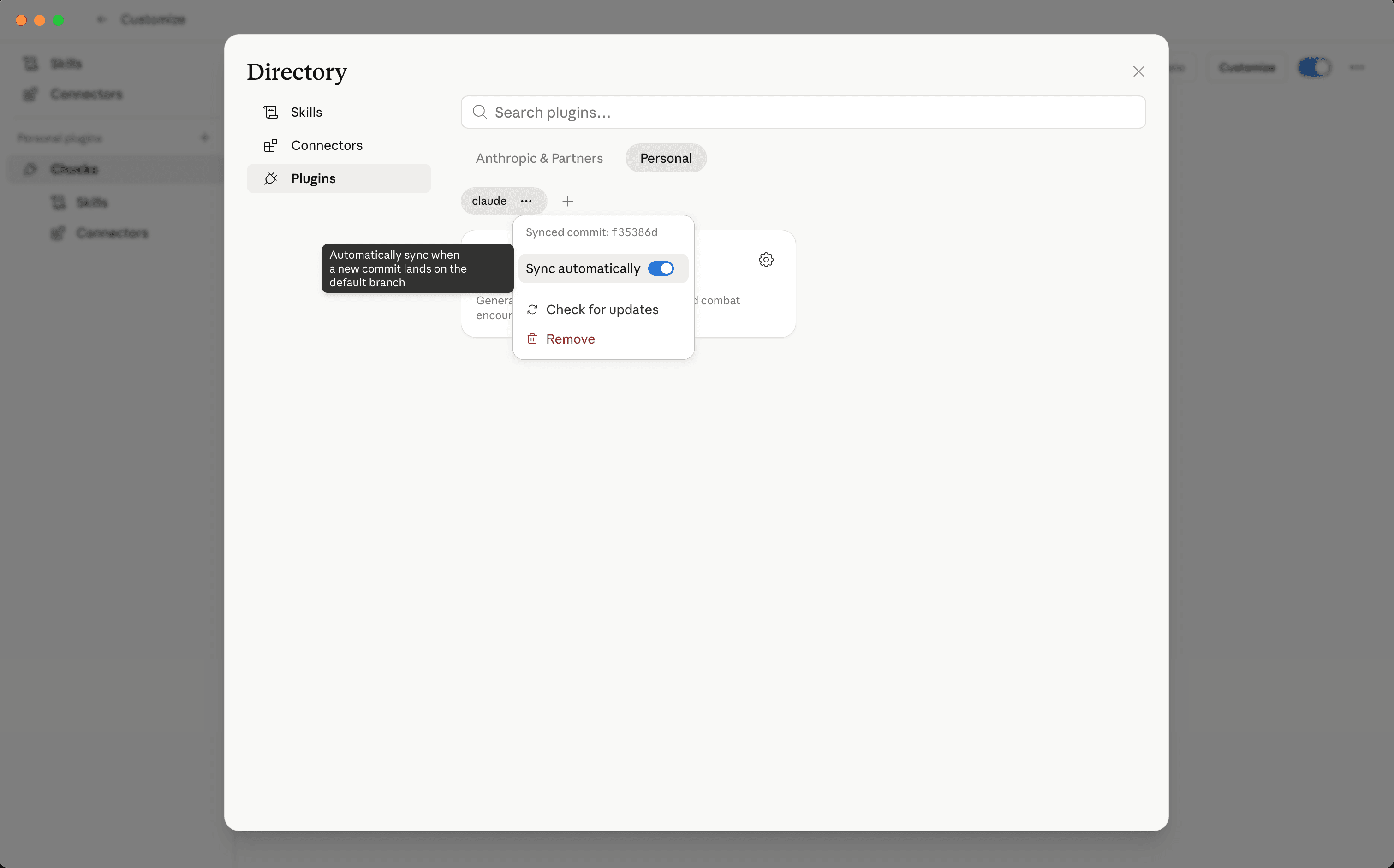 Marketplace pill menu with the Sync automatically toggle