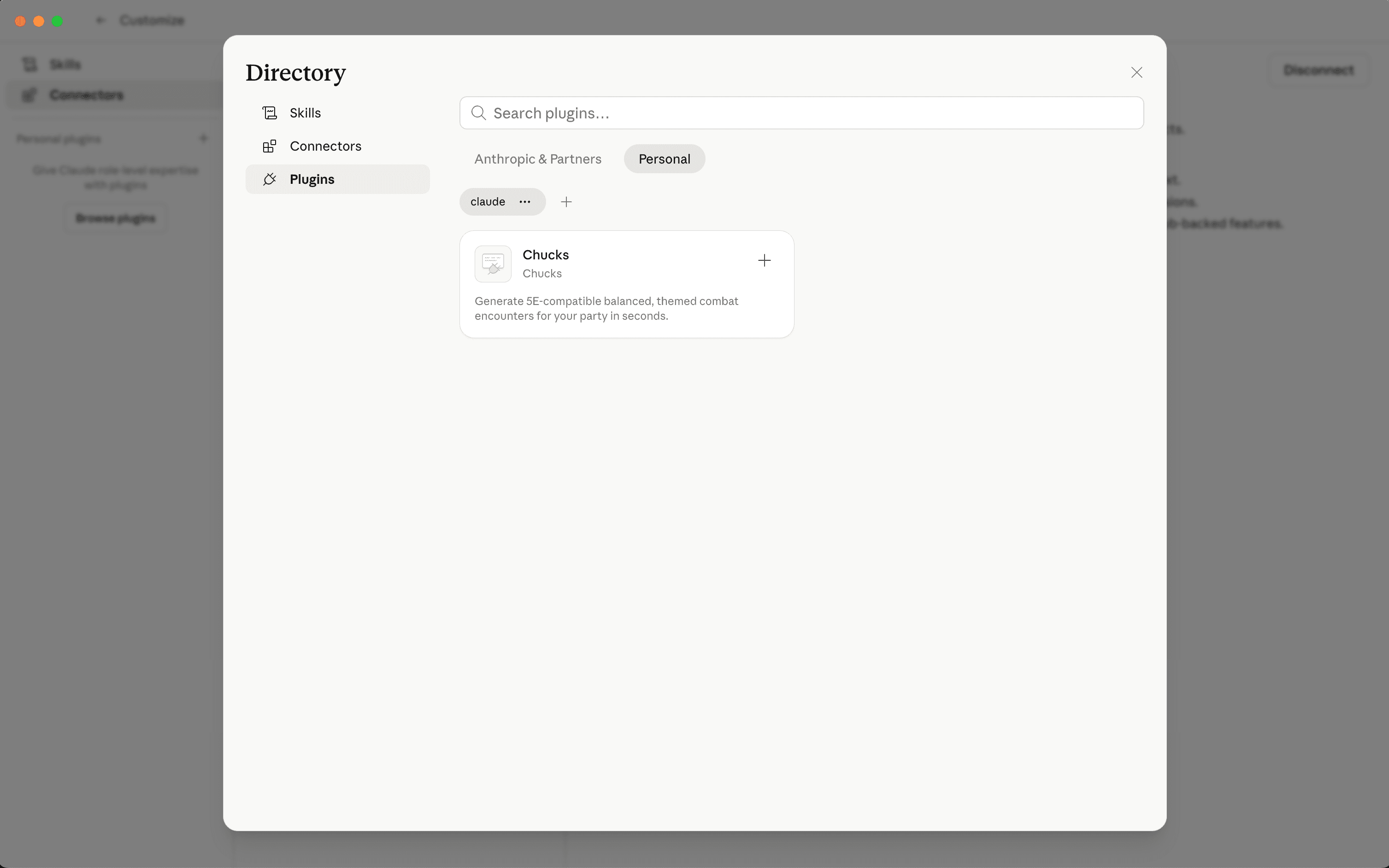 Plugin directory with the Chucks card on the Personal tab