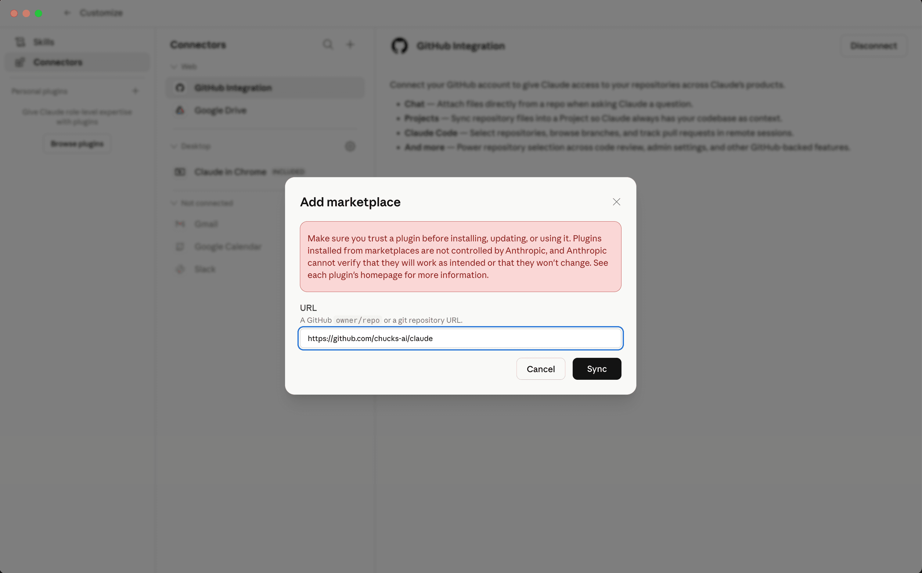 Add marketplace dialog with the Chucks repository URL pasted in