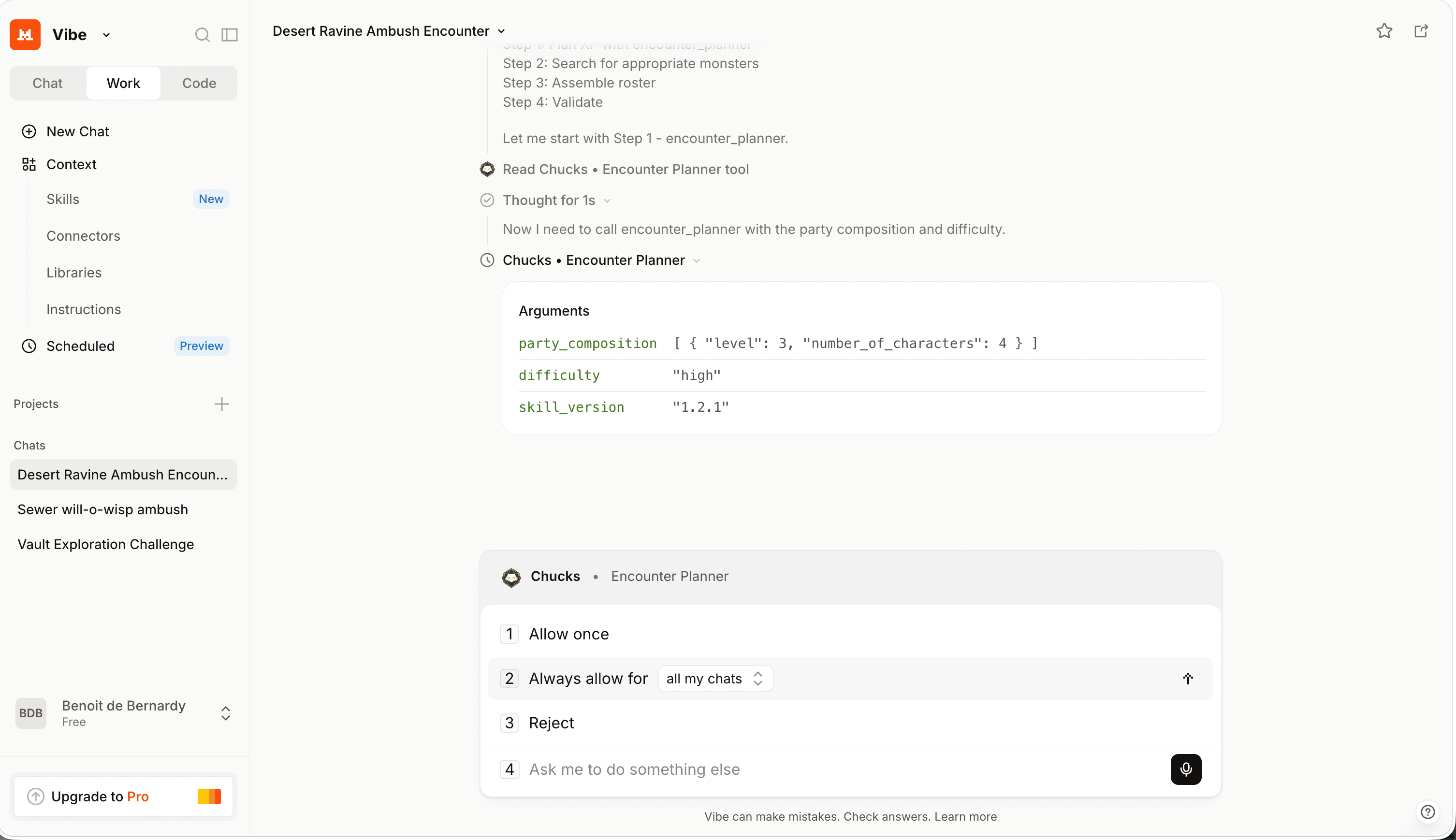 Vibe tool authorization prompt with Allow once, Always allow for all my chats, and Reject options