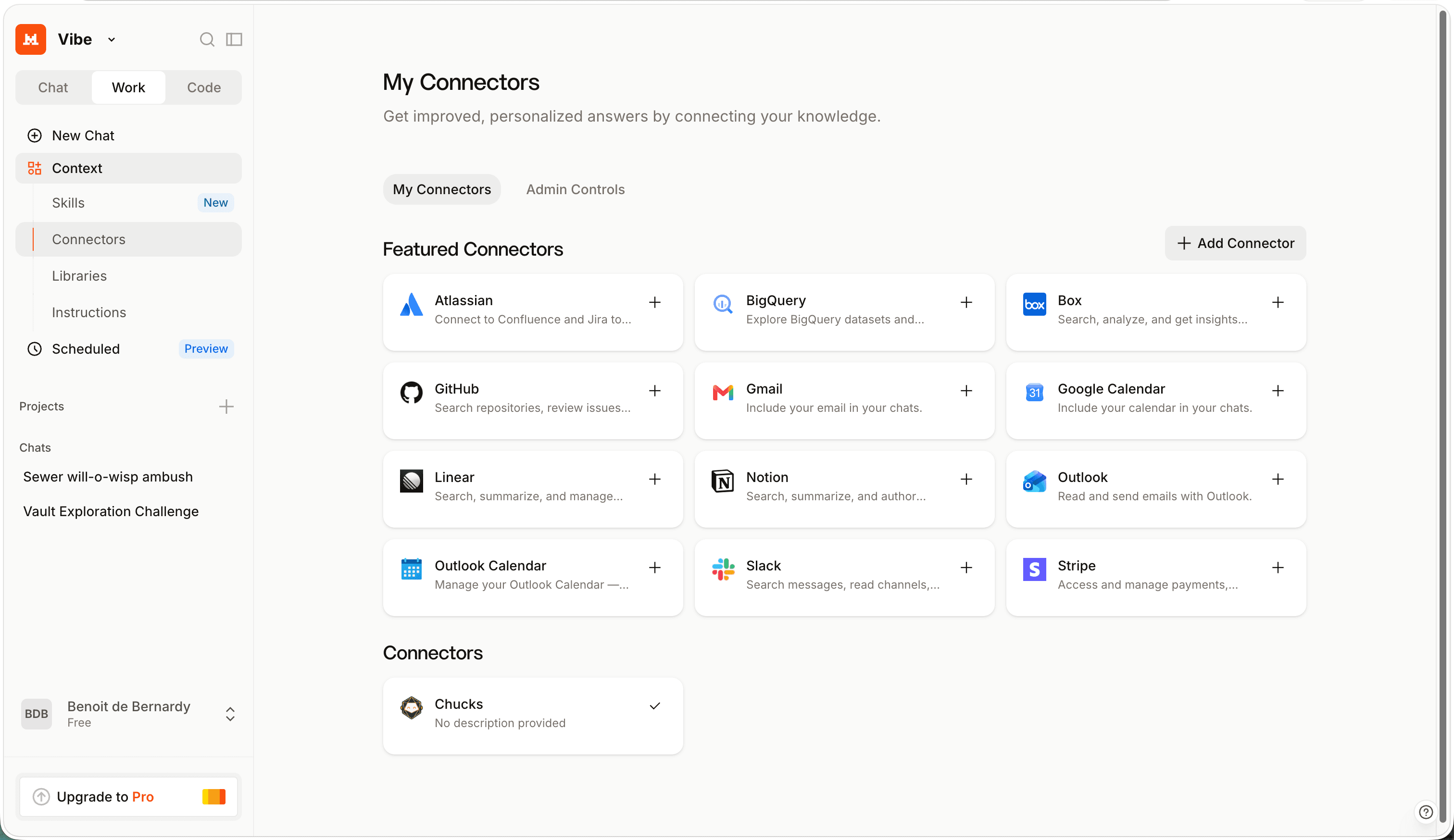 Vibe My Connectors page with the Add Connector button in the top right