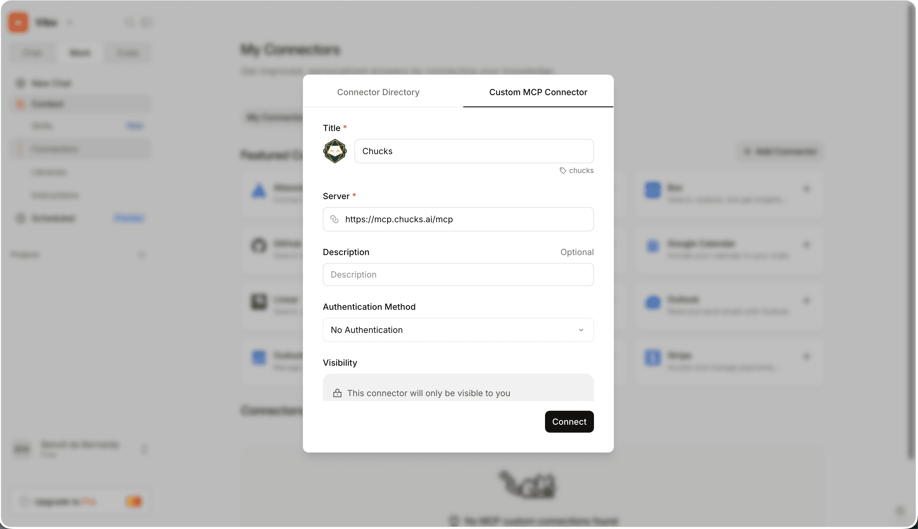 Custom MCP Connector dialog with title Chucks, the connector URL, and No Authentication selected