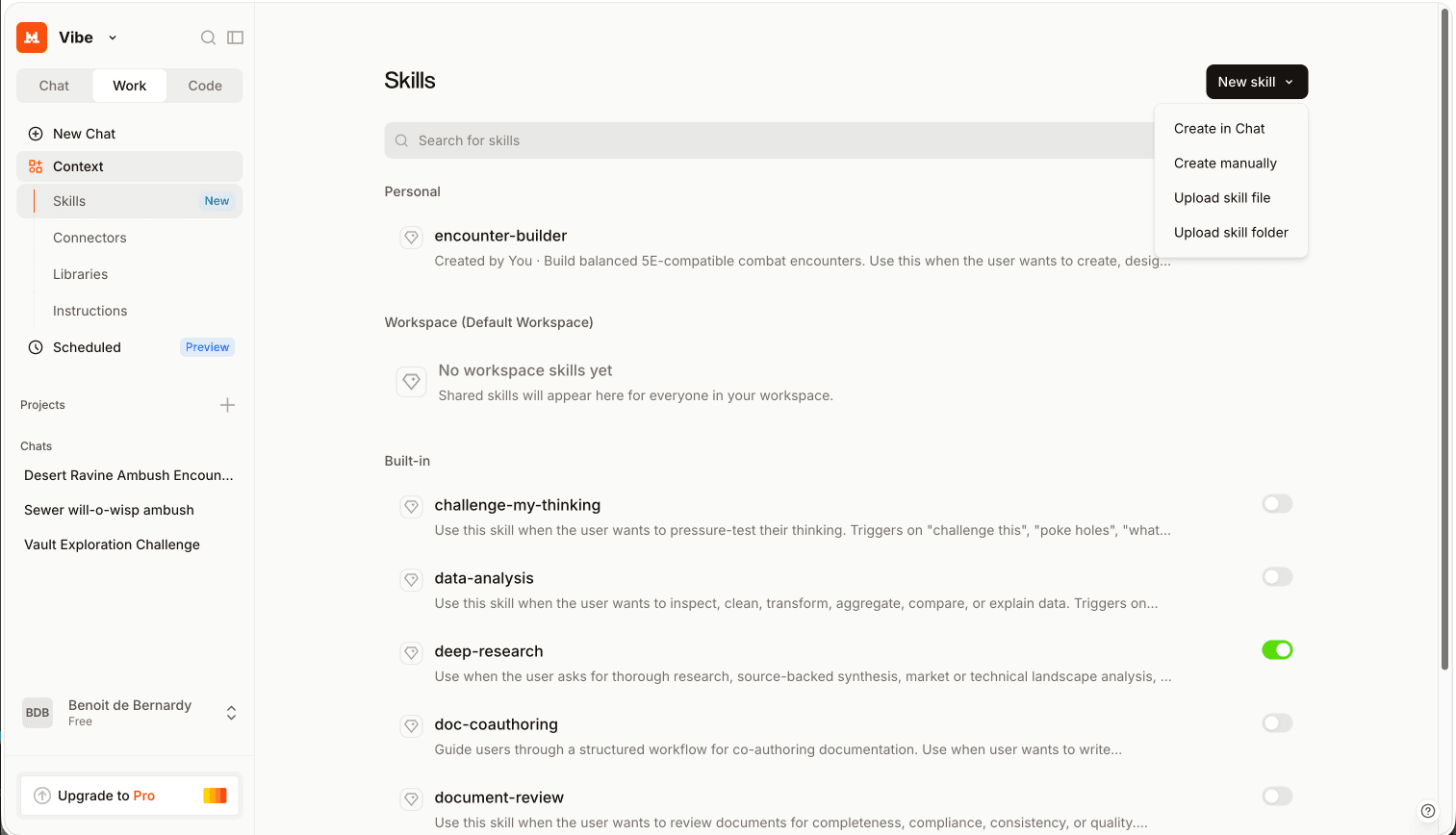 Vibe Skills page with the New skill dropdown open, showing the Create manually option